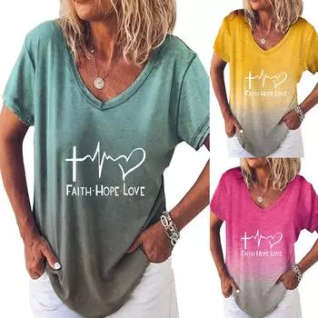 Женская модная футболка с градиентным принтом и коротким рукавом с v-образным вырезом и буквенным принтом XXL зелёный