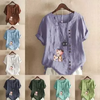 Женская модная футболка с коротким рукавом и круглым вырезом, повседневная хлопковая льняная рубашка с рисунком, свободная летняя блузка для отдыха с двумя милыми кошечками и принтом S розовый