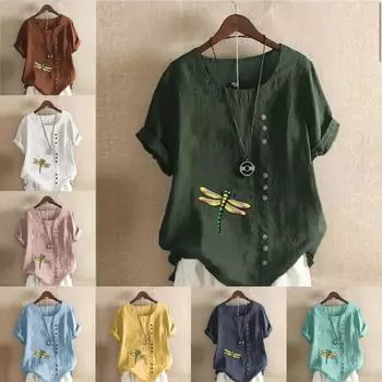 Женская модная футболка с коротким рукавом и круглым вырезом, повседневная хлопковая льняная рубашка с рисунком, свободная летняя блузка с принтом стрекозы для отдыха, топы S розовый