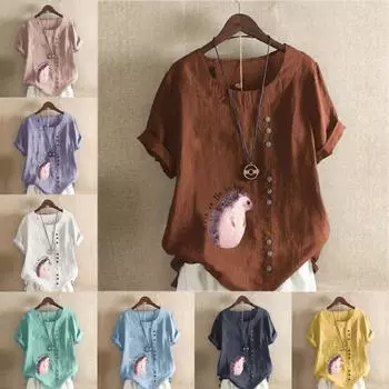 Женская модная футболка с коротким рукавом и принтом «Милый ежик», свободная хлопковая рубашка, повседневная свободная летняя блузка, топы S розовый