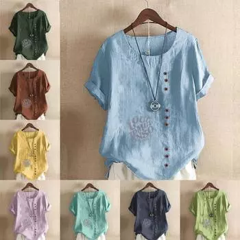 Женская модная футболка с коротким рукавом и круглым вырезом, повседневная хлопковая льняная рубашка с рисунком, летняя блузка с круглым вырезом и принтом, топы S розовый