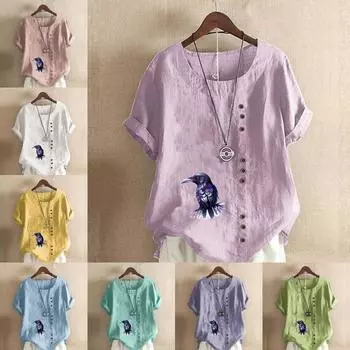 Женская модная футболка с коротким рукавом и принтом вороны, свободная хлопковая рубашка, повседневная свободная летняя блузка, топы больших размеров S розовый