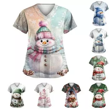Женская модная футболка с коротким рукавом и V-образным вырезом, карманом и рождественским принтом XXXL
