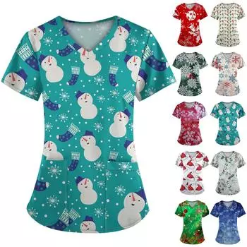 Женская модная футболка с коротким рукавом и V-образным вырезом, карманом и рождественским принтом XL винный