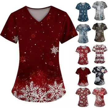 Женская модная футболка с коротким рукавом и V-образным вырезом, карманом и рождественским принтом XXXL винный