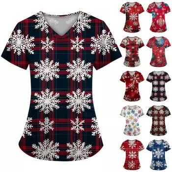 Женская модная футболка с коротким рукавом и V-образным вырезом, карманом и рождественским принтом XXXXXL