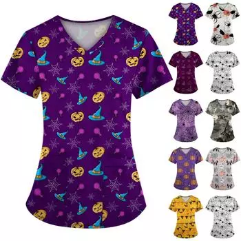 Женская модная футболка с коротким рукавом и v-образным вырезом с карманом на Хэллоуин XXXL