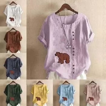 Женская модная футболка с коротким рукавом и принтом медведя, свободная хлопковая рубашка, повседневная свободная летняя блузка, топы больших размеров S розовый