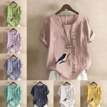 Женская модная футболка с коротким рукавом и принтом птиц, свободная хлопковая рубашка, повседневная свободная летняя блузка, топы больших размеров S розовый