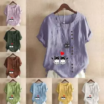 Женская модная футболка с коротким рукавом и милым принтом мультяшного кота, свободная хлопковая рубашка, повседневная свободная летняя блузка, топы больших размеров S розовый
