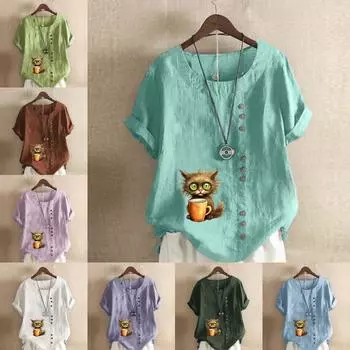 Женская модная футболка с коротким рукавом и принтом милого кота, свободная хлопковая рубашка, повседневная свободная летняя блузка, топы больших размеров S розовый
