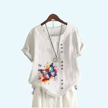 Женская модная футболка с коротким рукавом и принтом бабочки, летняя повседневная пуловер с круглым вырезом, свободные хлопковые льняные блузки S белый