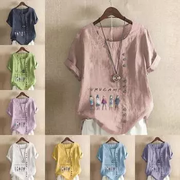Женская модная футболка с коротким рукавом и круглым вырезом, повседневная хлопково-льняная рубашка с рисунком, свободная летняя блузка с принтом для девочек, топы S розовый