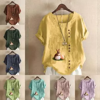 Женская модная футболка с коротким рукавом и принтом кролика, свободная хлопковая рубашка, повседневная свободная летняя блузка, топы S розовый