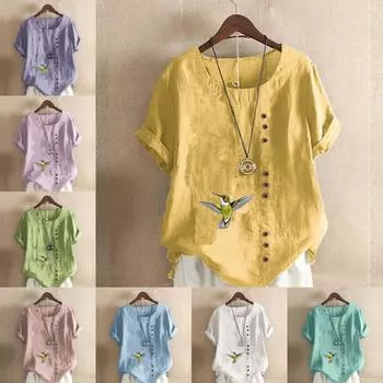 Женская модная футболка с коротким рукавом и круглым вырезом, повседневная хлопково-льняная рубашка с рисунком, свободная летняя блузка с принтом птиц для отдыха, топы S розовый