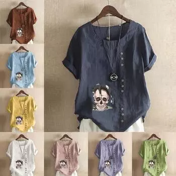 Женская модная футболка с коротким рукавом и круглым вырезом, повседневная хлопковая льняная рубашка с рисунком, свободная летняя блузка с принтом кошек и скелетов для отдыха, топы S розовый