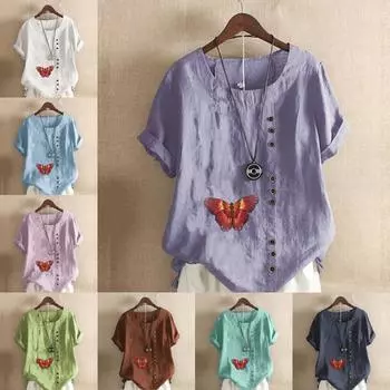 Женская модная футболка с коротким рукавом и круглым вырезом, повседневная хлопково-льняная рубашка с рисунком, свободная летняя блузка с принтом бабочки для отдыха, топы S розовый