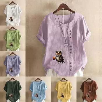 Женская модная футболка с коротким рукавом и принтом совы, свободная хлопковая рубашка, повседневная свободная летняя блузка, топы больших размеров S розовый
