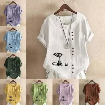 Женская модная футболка с коротким рукавом и принтом черного кота, свободная хлопковая рубашка, повседневная свободная летняя блузка, топы больших размеров S розовый