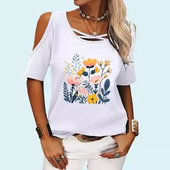 Женская модная футболка с коротким рукавом и цветочным принтом, круглый воротник, топ с открытыми плечами, женская повседневная футболка-пуловер S розовый