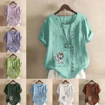 Женская модная футболка с коротким рукавом и принтом мультяшного кота, свободная хлопковая рубашка, повседневная свободная летняя блузка, топы больших размеров S розовый