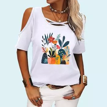 Женская модная футболка с коротким рукавом и цветочным принтом, круглый вырез, топ с открытыми плечами, женская повседневная футболка-пуловер S розовый