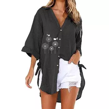 Женская модная футболка с коротким рукавом, летняя и осенняя повседневная рубашка с v-образным вырезом и принтом на пуговицах, свободные длинные блузки S белый