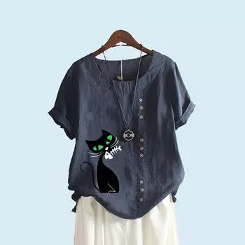 Женская модная футболка с коротким рукавом, летняя и осенняя повседневная верхняя одежда с круглым вырезом и принтом кота, пуловер, свободные хлопковые льняные блузки S белый