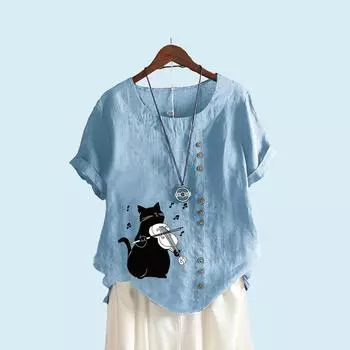 Женская модная футболка с коротким рукавом, летняя и осенняя повседневная верхняя одежда с круглым вырезом и принтом кота, пуловер, свободные хлопковые льняные блузки S белый