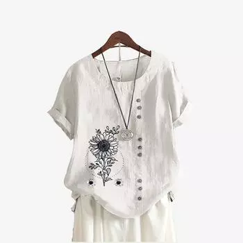 Женская модная футболка с коротким рукавом, лето и осень, повседневный топ с круглым вырезом и цветочным принтом, пуловер, свободные хлопковые льняные блузки S белый