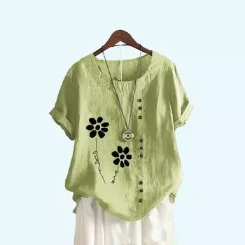 Женская модная футболка с коротким рукавом, лето и осень, повседневный топ с круглым вырезом и цветочным принтом, пуловер, свободные хлопковые льняные блузки S белый