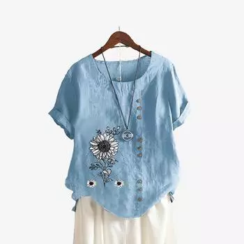 Женская модная футболка с коротким рукавом, лето и осень, повседневный топ с круглым вырезом и цветочным принтом, пуловер, свободные хлопковые льняные блузки S белый