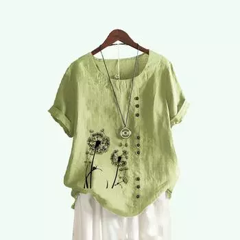 Женская модная футболка с коротким рукавом с цветочным принтом, летняя повседневная хлопково-льняная футболка с круглым воротником, пуловер, свободные блузки S белый