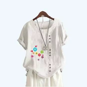 Женская модная футболка с коротким рукавом с цветочным принтом, летняя повседневная хлопково-льняная футболка с круглым воротником, пуловер, свободные блузки S белый