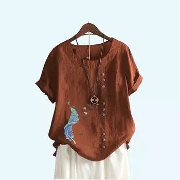 Женская модная футболка с коротким рукавом с принтом перьев, летняя повседневная пуловер с круглым воротником, свободные хлопковые льняные блузки S белый