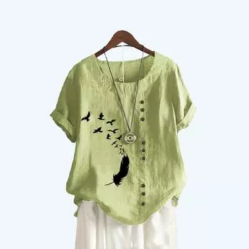 Женская модная футболка с коротким рукавом с принтом перьев, летняя повседневная пуловер с круглым воротником, свободные хлопковые льняные блузки S белый