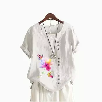 Женская модная футболка с коротким рукавом с цветочным принтом, летняя повседневная хлопково-льняная футболка с круглым воротником, пуловер, свободные блузки S белый