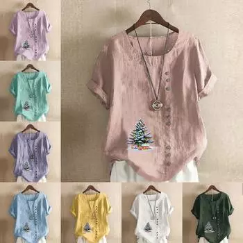 Женская модная футболка с коротким рукавом с принтом рождественской елки, свободная хлопковая рубашка, повседневная свободная летняя блузка, топы больших размеров S розовый