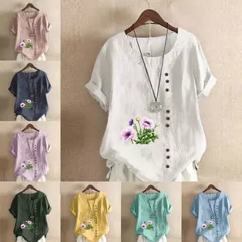 Женская модная футболка с коротким рукавом с цветочным принтом, свободная хлопковая рубашка, повседневная свободная летняя блузка, топы больших размеров S розовый