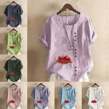 Женская модная футболка с коротким рукавом с цветочным принтом, свободная хлопковая рубашка, повседневная свободная летняя блузка, топы больших размеров S розовый