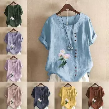 Женская модная футболка с коротким рукавом с цветочным принтом, свободная хлопковая рубашка, повседневная свободная летняя блузка, топы больших размеров S розовый