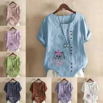 Женская модная футболка с коротким рукавом с принтом кота, свободная хлопковая рубашка, повседневная свободная летняя блузка, топы больших размеров S розовый