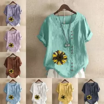 Женская модная футболка с коротким рукавом с принтом подсолнуха, свободная хлопковая рубашка, повседневная свободная летняя блузка, топы больших размеров S розовый