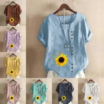 Женская модная футболка с коротким рукавом с принтом подсолнуха, свободная хлопковая рубашка, повседневная свободная летняя блузка, топы больших размеров S розовый
