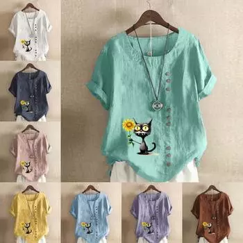 Женская модная футболка с коротким рукавом с принтом кота, свободная хлопковая рубашка, повседневная свободная летняя блузка, топы больших размеров S розовый