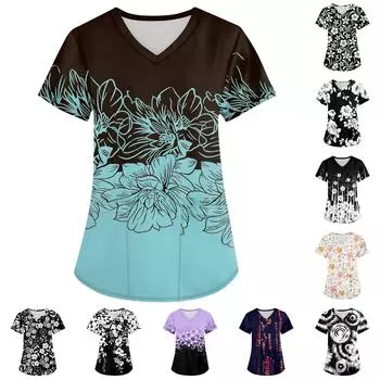 Женская модная футболка с короткими рукавами и v-образным вырезом с принтом, маленькая рабочая футболка с карманами L чёрный