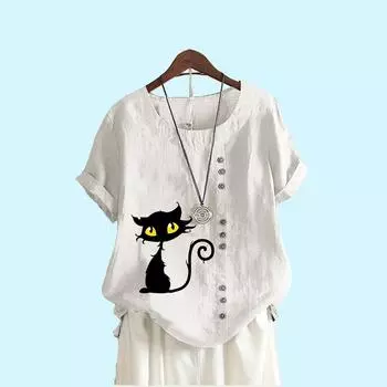 Женская модная футболка с короткими рукавами и принтом кота, летний повседневный пуловер с круглым вырезом, свободные хлопковые льняные блузки S белый