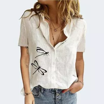 Женская модная футболка с короткими рукавами и принтом, летняя и осенняя повседневная блузка с лацканами и принтом, хлопково-льняной кардиган, футболка S белый