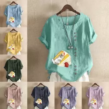 Женская модная футболка с короткими рукавами и принтом «хлеб и кошка», свободная хлопковая рубашка, повседневная свободная летняя блузка, топы больших размеров S розовый