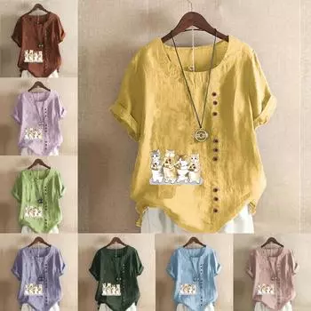 Женская модная футболка с короткими рукавами и принтом милого кота, свободная хлопковая рубашка, повседневная свободная летняя блузка, топы больших размеров S розовый